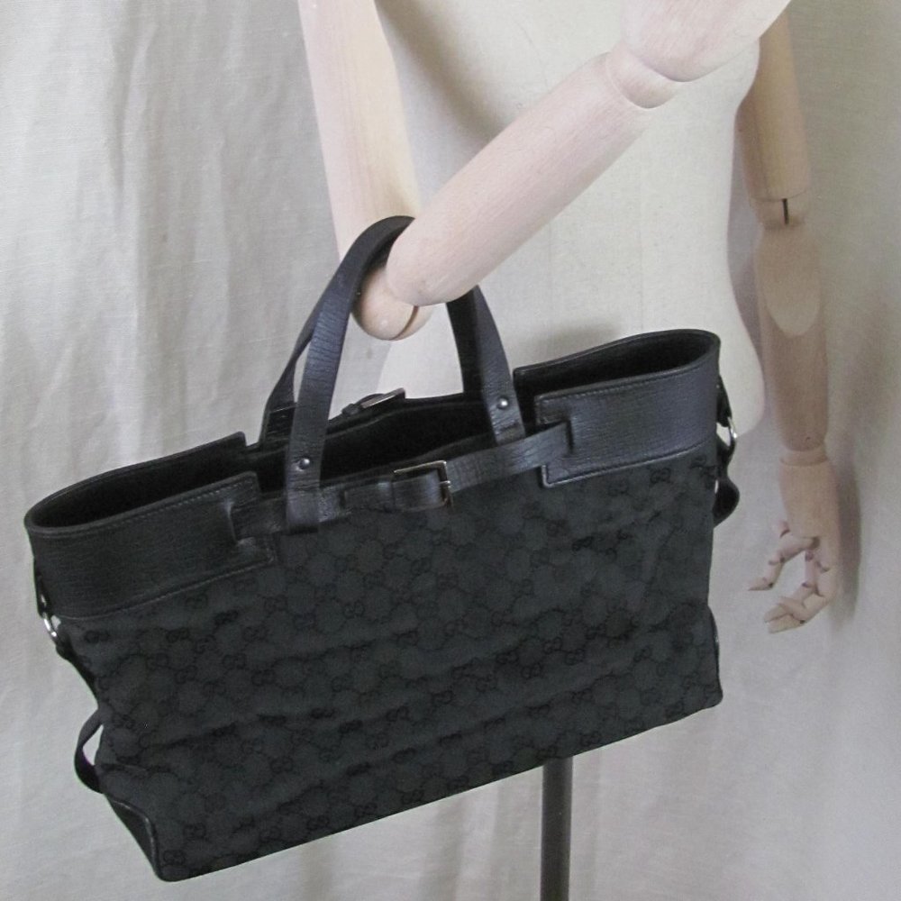 GUCCI Vintage Satchel Tote Handbag Black Monogram Textured Leather Detail